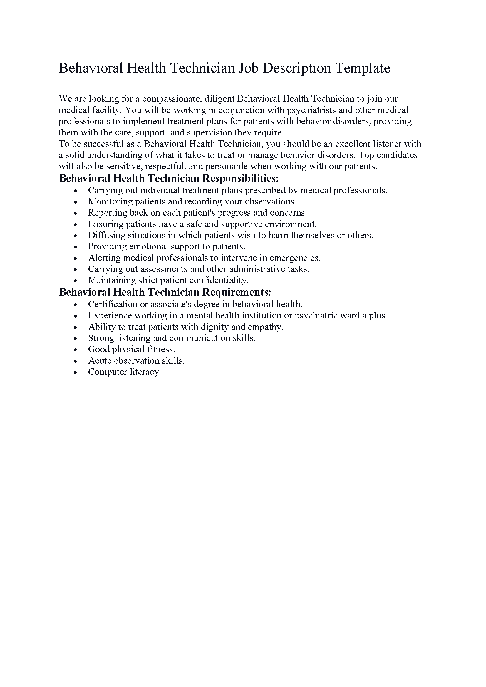 Behavioral Health Technician Job Description Template